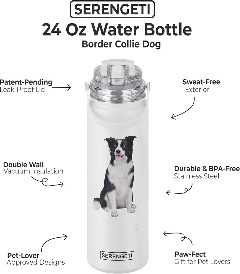 ES Pets SERENGETI 24 Oz Water Bottle Stainless Steel with Spill Proof Lid - Double walled Vacuum Insulated water flask - Realistic 3D Print of your favorite dog (Border Collie) - Image 1